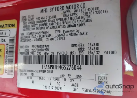 2016 Ford Mustang Ecoboost из США, поврежденный, VIN 1FA6P8TH4G5276044